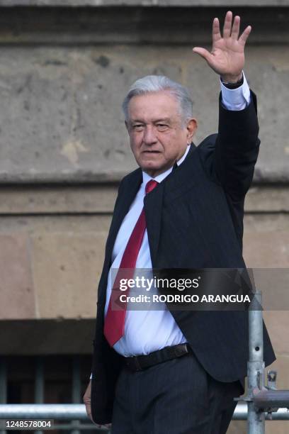 Mexican President Andres Manuel Lopez Obrador greets supporters after a demonstration following the president's call for the 85th anniversary of the...