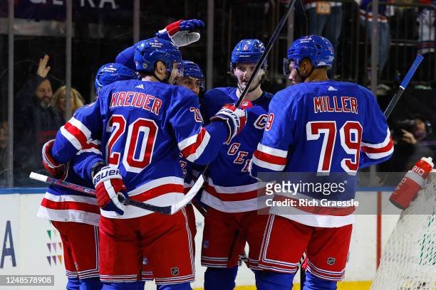 Chris Kreider of the New York Rangers celebrates after scoring during the second period of the game against the Pittsburgh Penguins on March 18, 2023...