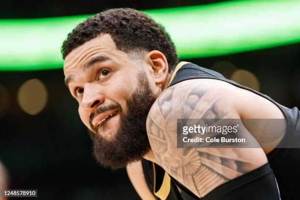 Fred VanVleet of the Toronto Raptors looks on during a break in play during the second half of their NBA game against the Minnesota Timberwolves at...