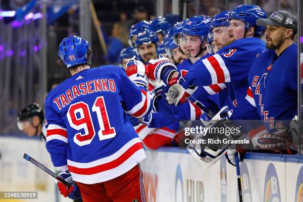 Vladimir Tarasenko of the New York Rangers comes to the bench after scoring during the second period of the game against the Pittsburgh Penguins on...