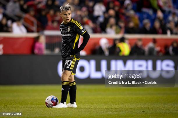 Lucas Zelarayán of Columbus Crew looks to take the free kick in the second half of the Major League Soccer match against New York Red Bulls at Red...
