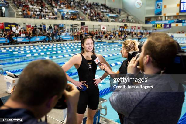 Kate Douglass has an interview after winning the 200 yard breaststroke final during the Division I Womens Swimming & Diving Championships held at the...