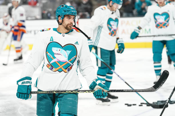 Mario Ferraro of the San Jose Sharks skates during warmups wearing special Pride Night jerseys before the game against the New York Islanders at SAP...