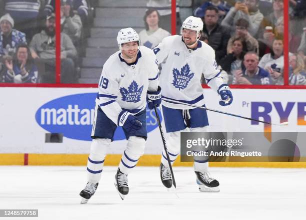 Calle Jarnkrok of the Toronto Maple Leafs celebrates his third period goal against the Ottawa Senators at Canadian Tire Centre on March 18, 2023 in...