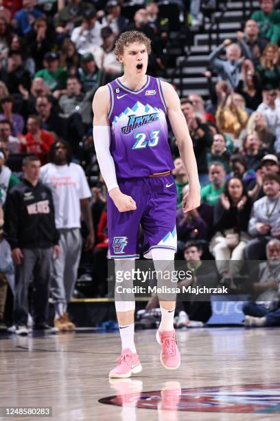 Lauri Markkanen of the Utah Jazz celebrates during the game on March 18, 2023 at vivint.SmartHome Arena in Salt Lake City, Utah. NOTE TO USER: User...