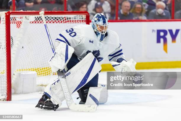 Toronto Maple Leafs Goalie Matt Murray keeps eyes on the play during overtime National Hockey League action between the Toronto Maple Leafs and...