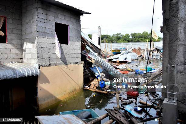 View of destroyed houses after a magnitude 6.5 earthquake hit close to 12:12 pm on March 18, 2023 in Machala, Ecuador. The epicenter was located 6...