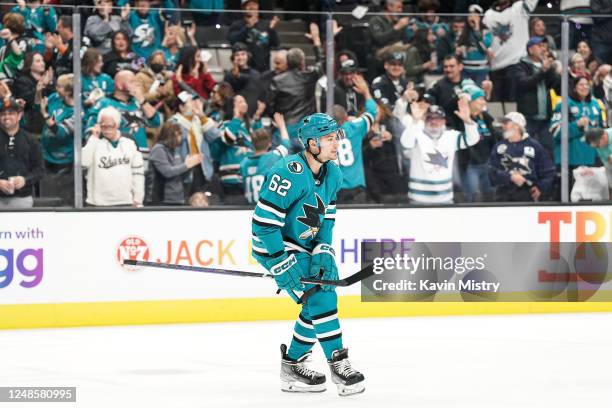 Kevin Labanc of the San Jose Sharks celebrates scoring a goal in the first period against the New York Islanders at SAP Center on March 18, 2023 in...