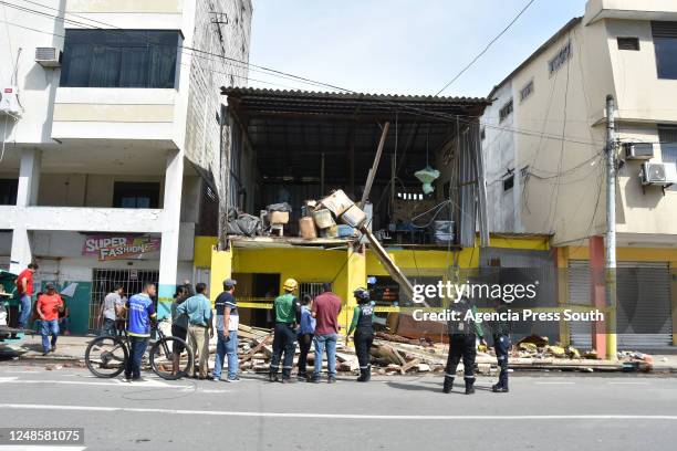View of an affected house after a magnitude 6.5 earthquake hit close to 12:12 pm on March 18, 2023 in Machala, Ecuador. The epicenter was located 6...