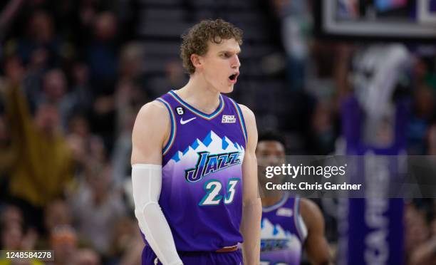 Lauri Markkanen of the Utah Jazz celebrates their win over the Boston Celtics on March 18, 2023 at the Vivint Arena in Salt Lake City Utah. NOTE TO...