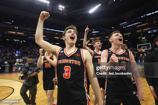 Ryan Langborg and Matt Allocco of the Princeton Tigers celebrate after a win against the Missouri Tigers during the second round of the 2023 NCAA...