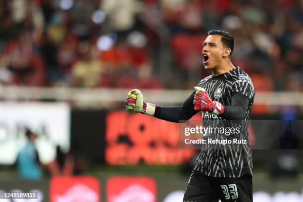 Luis Malagon goalkeeper of America celebrates the team's four goal during the 12th round match between Chivas and America as part of the Torneo...