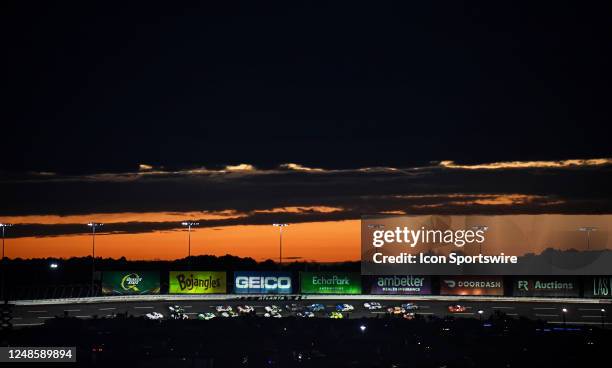 Pack of cars race between turns one and two during the RAPTOR King of Tough 250 in the NASCAR Xfinity Series on Saturday, March 18, 2023 at Atlanta...