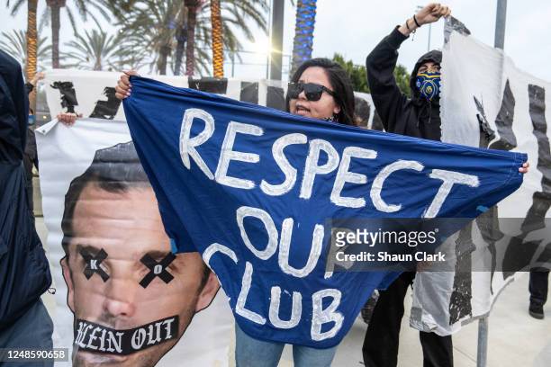 Los Angeles Galaxy fans protest the Los Angeles Galaxy front office prior to the match against Vancouver Whitecaps at the Dignity Health Sports Park...