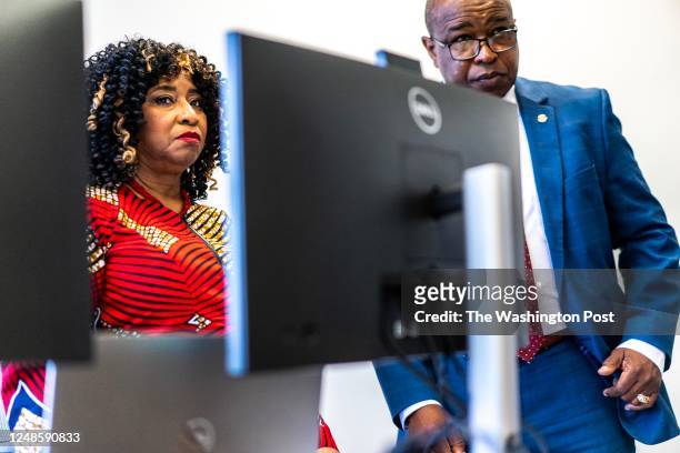 Pamela Price, the newly elected Alameda County District Attorney, works with her staffer Otis Bruce in a renovating office space in Oakland,...