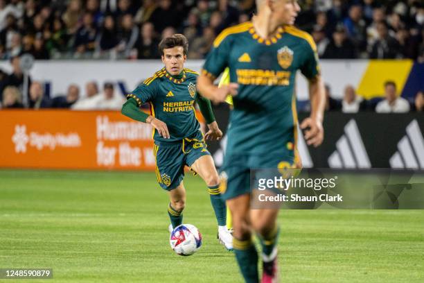 Riqui Puig of Los Angeles Galaxy during the match against Vancouver Whitecaps at the Dignity Health Sports Park on on March 18, 2023 in Carson,...