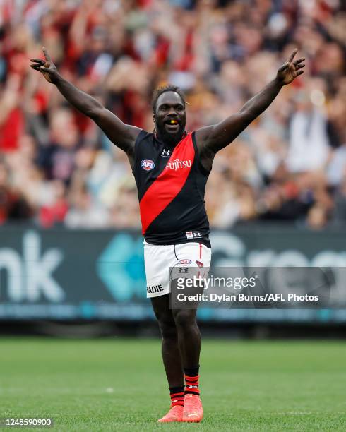 Anthony McDonald-Tipungwuti of the Bombers celebrates a goal during the 2023 AFL Round 01 match between the Hawthorn Hawks and the Essendon Bombers...