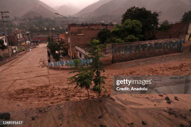 View of the strong landslide caused by heavy rains from Cyclone Yaku in the Chosica district, on the outskirts of the capital capital Lima, Peru on...