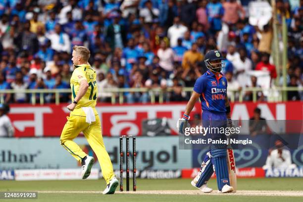 Nathan Ellis of Australia celebrates the wicket of Virat Kohli of India during game two in the One Day International Series between India and...