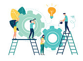 Flat vector illustration, teamwork on finding new ideas, little people launch a mechanism, search for new solutions, creative work