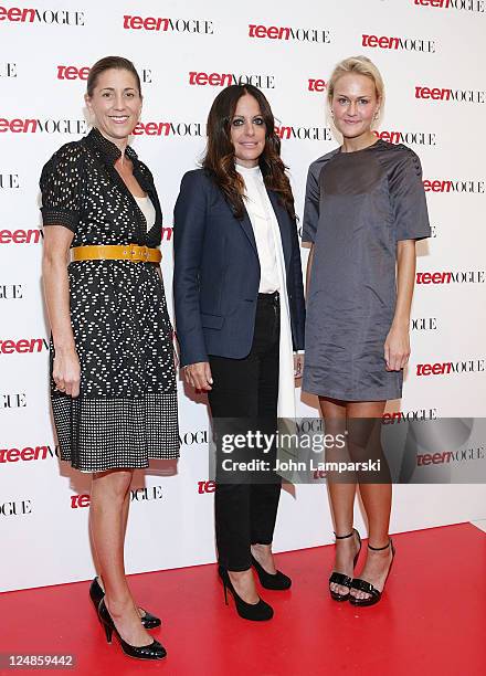 Blair Schlumbo, Jill Stuart and Mary Kate Steinmiller visit the Teen Vogue Haute Spot at The New York Public Library for Performing Arts on September...