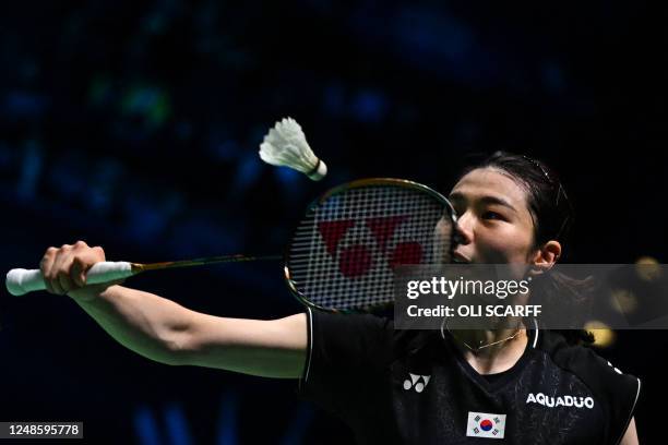 South Korea's Kim So-yeong playing with Kong Hee-yong returns the shuttlecock to South Korea's Baek Ha Na and Lee So Hee during the Women's Doubles...