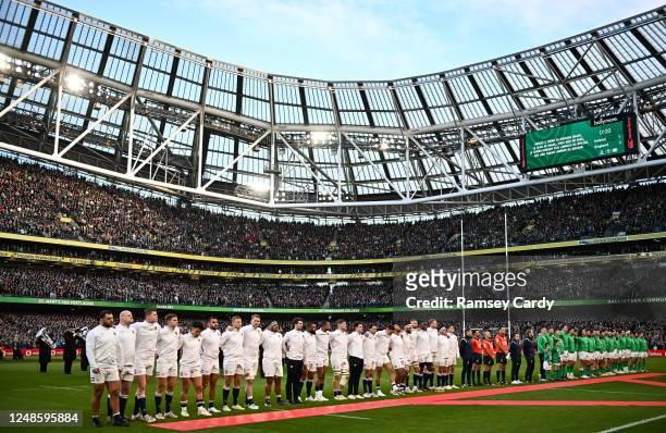 Dublin , Ireland - 18 March 2023; Both teams stand for the National Anthems before the Guinness Six Nations Rugby Championship match between Ireland...