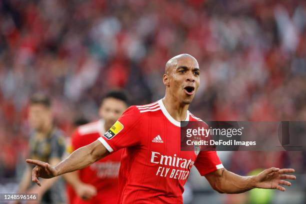 Joao Mario of SL Benfica celebrates after scoring his team's third goal during the Liga Portugal Bwin match between SL Benfica and Vitoria Guimaraes...