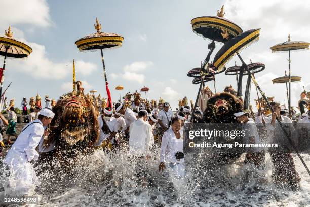 Balinese Ritual Object Balinese Hindus people carry sacred mask, sacred effigies and ritual ...