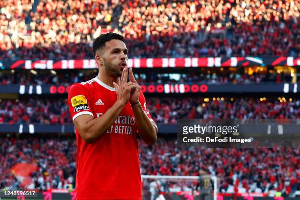 Goncalo Ramos of SL Benfica celebrates after scoring his team's first goal during the Liga Portugal Bwin match between SL Benfica and Vitoria...