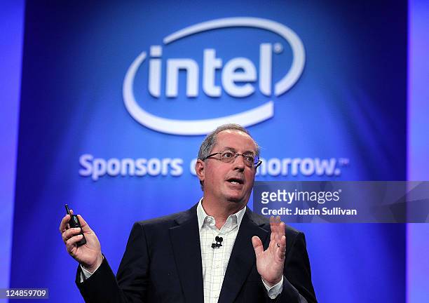 Intel CEO Paul Otellini delivers a keynote address during the 2011 Intel Developer Forum at Moscone Center on September 13, 2011 in San Francisco,...