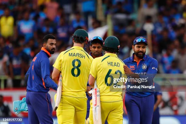 Travis Head of Australia and Mitchell Marsh of Australia celebrate the their victory during game two in the One Day International Series between...