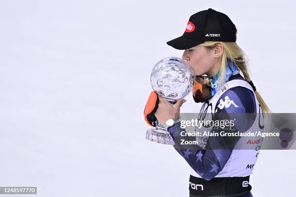 Mikaela Shiffrin of Team United States wins the globe in the overall standings during the Audi FIS Alpine Ski World Cup Finals Women's Giant Slalom...