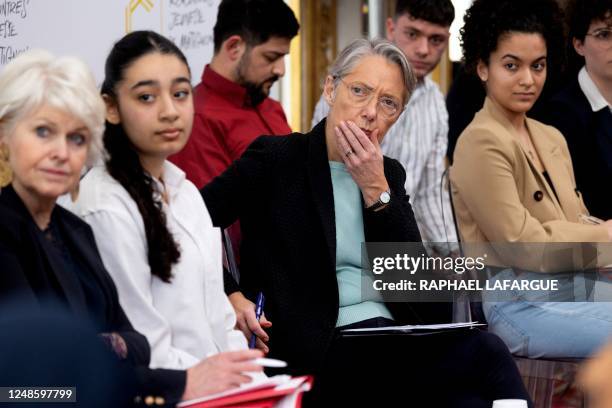 French Prime Minister Elisabeth Borne gestures during the 4th meeting with the youth in Matignon as part of the National Refoundation Council , in...