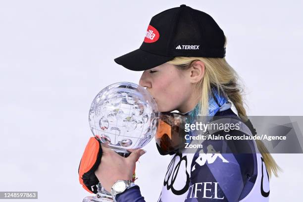 Mikaela Shiffrin of Team United States wins the globe in the overall standings during the Audi FIS Alpine Ski World Cup Finals Women's Giant Slalom...