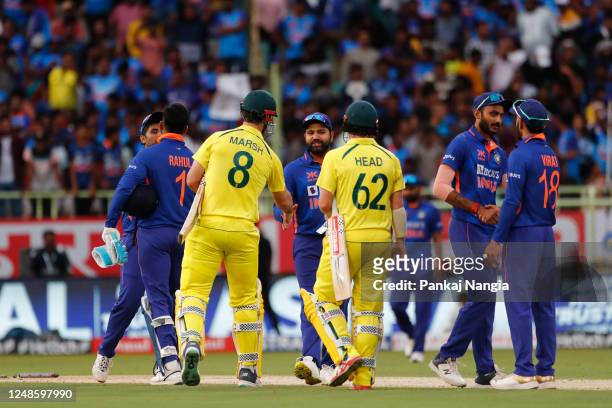 Travis Head of Australia and Mitchell Marsh of Australia celebrate the their victory during game two in the One Day International Series between...