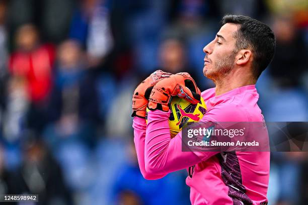 Lorenzo Montipò of Hellas Verona is seen in action during the Serie A match between UC Sampdoria and Hellas Verona at Stadio Luigi Ferraris on March...