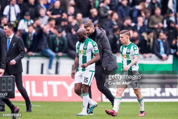 Jetro Willems of FC Groningen, Tomas Suslov of FC Groningen leave the field during the Dutch premier league match between FC Groningen and SC...