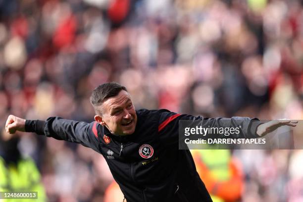 Sheffield United's manager Paul Heckingbottom celebrates at the end of the English FA Cup quarter-final football match between Sheffield United and...