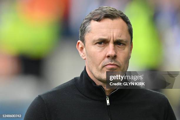 Grimsby's English manager Paul Hurst during the English FA Cup quarter-final football match between Brighton & Hove Albion and Grimsby Town at the...