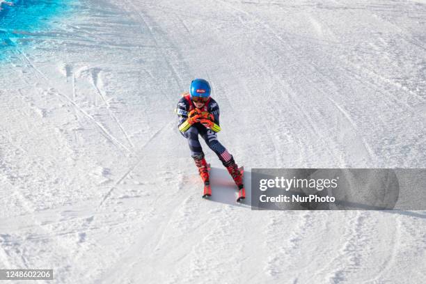 Mikaela SHIFFRIN of USA in action during Audi FIS Alpine Ski World Cup 2023 Super L Discipline Women's Downhill on March 16, 2023 in El Tarter,...