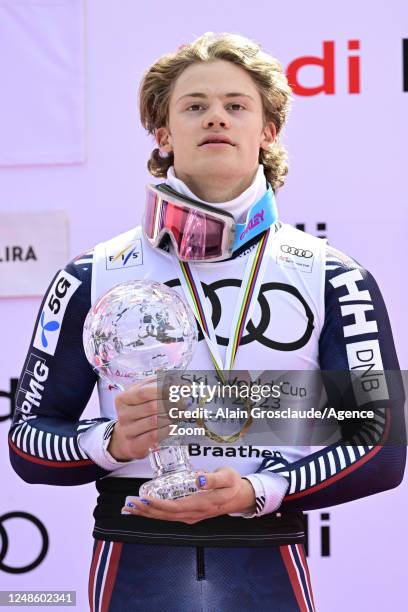 Lucas Braathen of Team Norway wins the globe in the overall standings during the Audi FIS Alpine Ski World Cup Finals Men's Slalom on March 19, 2023...