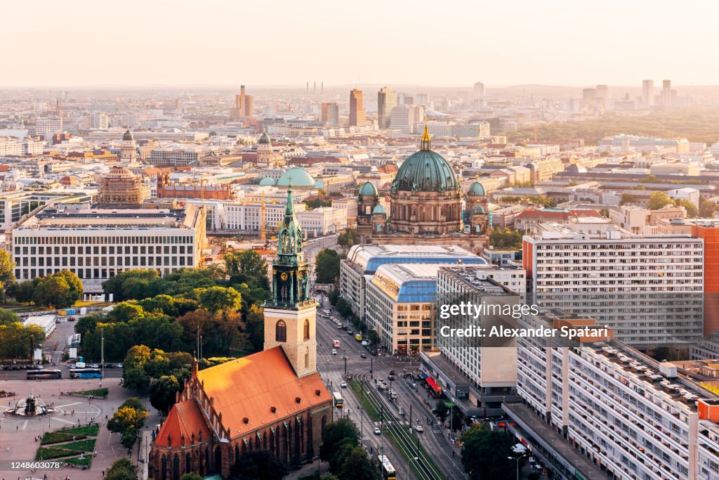 Aerial view of Berlin skyline at sunset