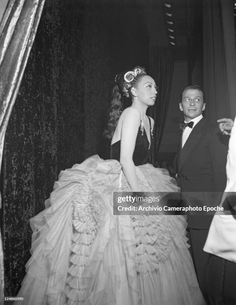 American singer and dancer Josephine Baker, wearing a tulle evening ...