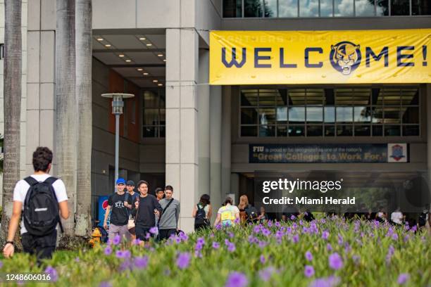 Students walk through the Florida International University Modesto A. Maidique Campus in University Park, Florida during the first day of classes on...