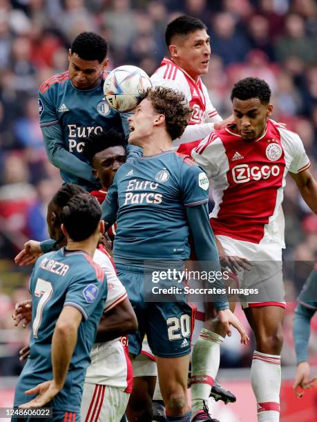 Marcos Lopez of Feyenoord, Mats Wieffer of Feyenoord, Mohammed Kudus of Ajax, Edson Alvarez of Ajax, Jurrien Timber of Ajax during the Dutch...