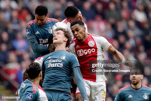 Marcos Lopez of Feyenoord, Mats Wieffer of Feyenoord, Mohammed Kudus of Ajax, Edson Alvarez of Ajax, Jurrien Timber of Ajax during the Dutch...