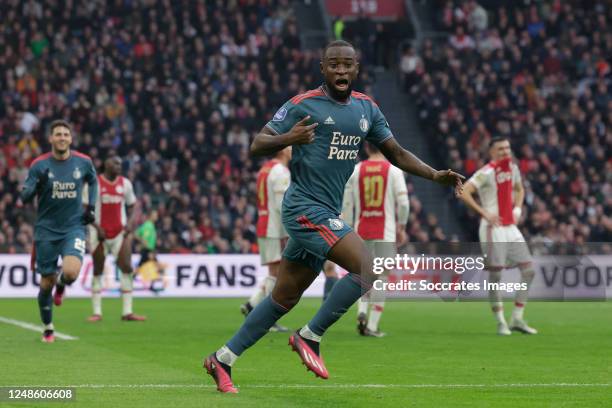 Lutsharel Geertruida of Feyenoord celebrates 2-3 during the Dutch Eredivisie match between Ajax v Feyenoord at the Johan Cruijff Arena on March 19,...