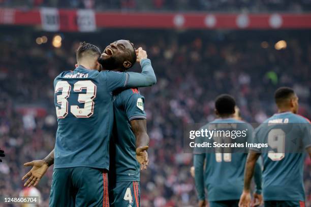 Lutsharel Geertruida of Feyenoord celebrates 2-3 with David Hancko of Feyenoord during the Dutch Eredivisie match between Ajax v Feyenoord at the...