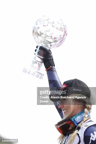 Mikaela Shiffrin of Team United States wins the globe in the overall standings during the Audi FIS Alpine Ski World Cup Finals Women on March 19,...